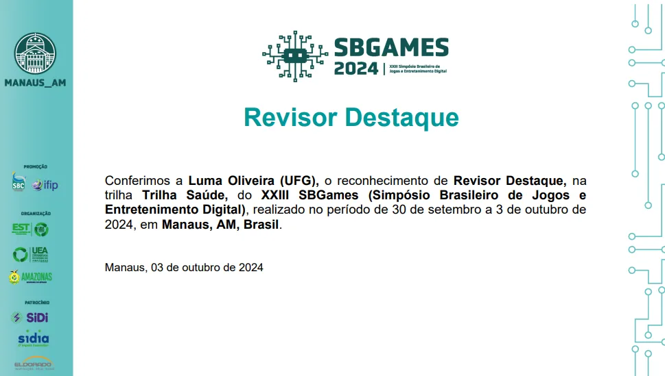 SBGames 2024 Distinguished Reviewer certificate